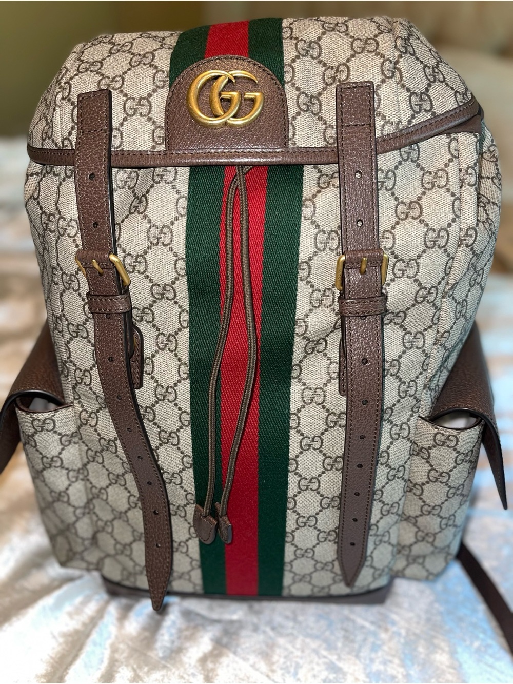 Gucci Beige GG Supreme Canvas Backpack with Green-Red Web